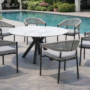 Salon à manger de jardin - PALAWAN 150 HPL ESPINEL/6 - Table ronde HPL - Fauteuils avec coussins LUX - 6 places