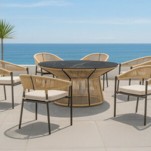 Salon à manger de jardin - RHODOS 150 HPL ESPINEL/6 - Table ronde HPL - Fauteuils avec coussins LUX - 6 places