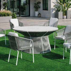 Salon à manger de jardin - RHODOS 150 HPL TULIP/6 - Table ronde HPL - Fauteuils avec coussins LUX - 6 places