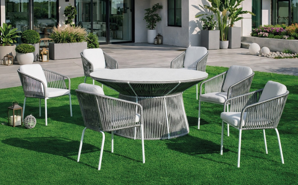 Salon à manger de jardin - RHODOS 150 HPL TULIP/6 - Table ronde HPL - Fauteuils avec coussins LUX - 6 places
