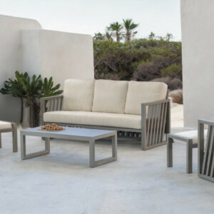Salon de jardin - ABIGEIL-8 SET SOFA 3 PLAZAS LUX - Aluminium finition champagne - Coussins tissu Marfil beige - 4 à 6 places