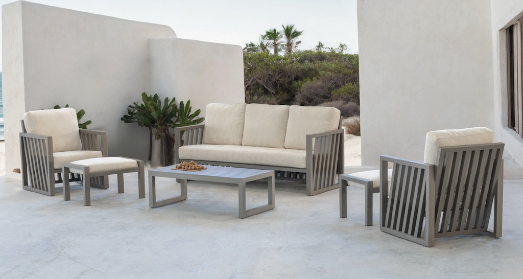 Salon de jardin - ABIGEIL-8 SET SOFA 3 PLAZAS LUX - Aluminium finition champagne - Coussins tissu Marfil beige - 4 à 6 places