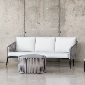 Salon de jardin avec corde - YINA-10 LUX - Aluminium anthracite - Corde grise - Coussins tissu Liso blanc - 6 à 7 places