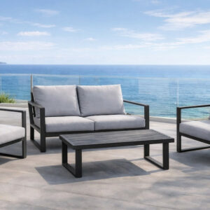 Salon de jardin - BOLONIA-7 LUX - Aluminium anthracite - Table basse bois - Coussins tissu Cloud gris clair - 4 à 5 places