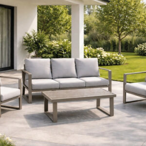 Salon de jardin - BOLONIA-8 LUX - Aluminium champagne - Table basse bois - Coussins tissu Cloud gris clair - 4 à 6 places
