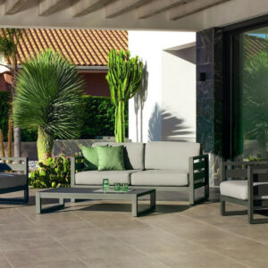 Salon de jardin - COSMOS-7 LUX - Aluminium anthracite - Coussins tissu Cloud gris clair - 4 à 5 places