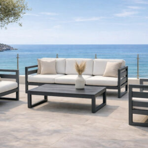 Salon de jardin - COSMOS-8 LUX - Aluminium anthracite - Coussins tissu Liso blanc - 4 à 6 places