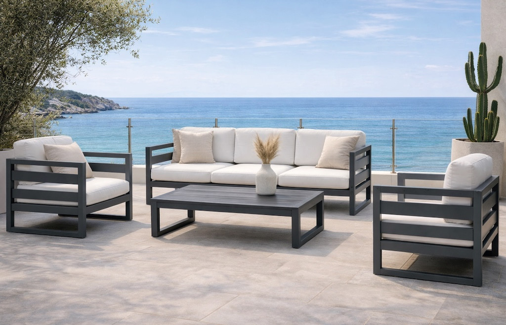 Salon de jardin - COSMOS-8 LUX - Aluminium anthracite - Coussins tissu Liso blanc - 4 à 6 places