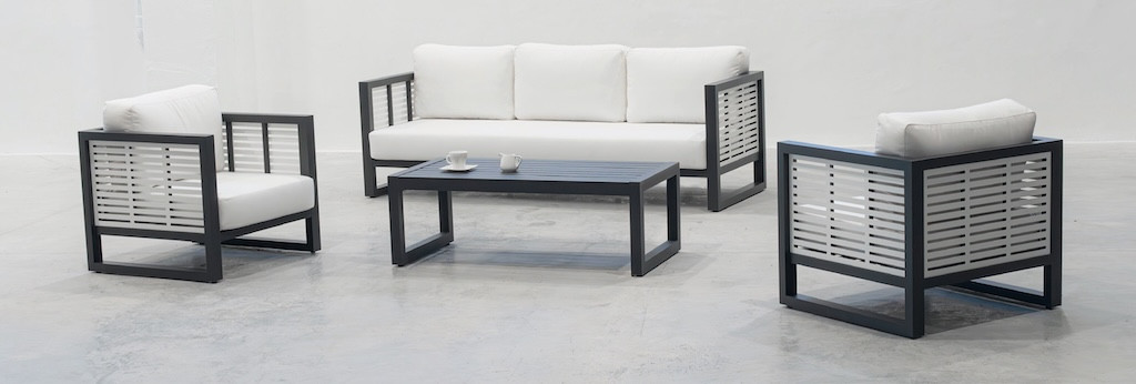 Salon de jardin - MARIET-8 SET SOFA 3 LUX - Aluminium anthracite/blanc - Coussins tissu Liso blanc - 4 à 6 places