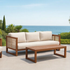 Salon de jardin - MARIET-8 SET SOFA 3 LUX - Aluminium marron/melocoton - Coussins tissu Liso blanc - 4 à 6 places