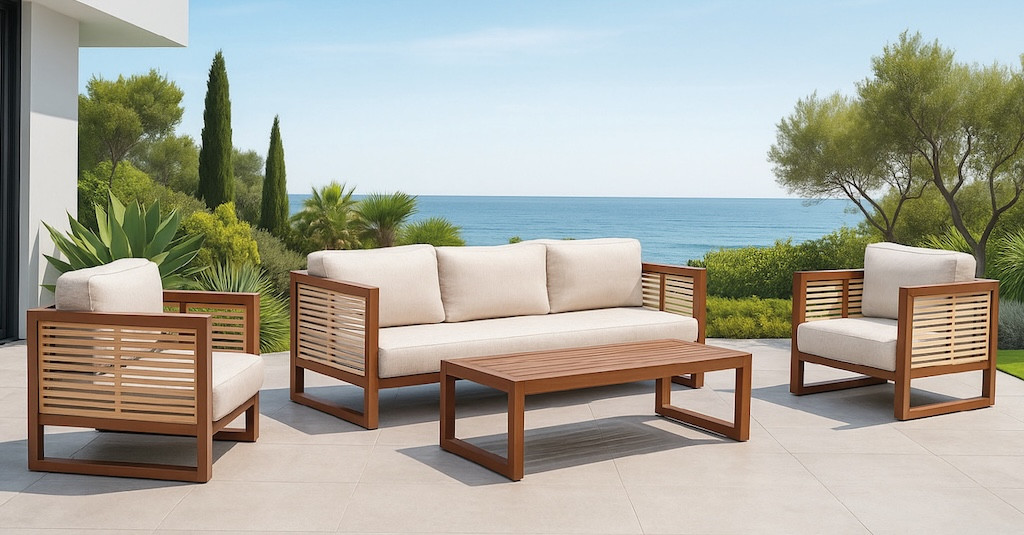 Salon de jardin - MARIET-8 SET SOFA 3 LUX - Aluminium marron/melocoton - Coussins tissu Liso blanc - 4 à 6 places