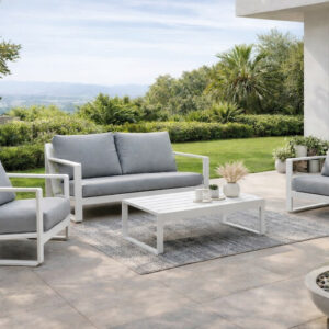 Salon de jardin sofa - ALELI-7 LUX - Aluminium finition blanc - Coussins tissu Cloud gris clair - 4 à 5 places