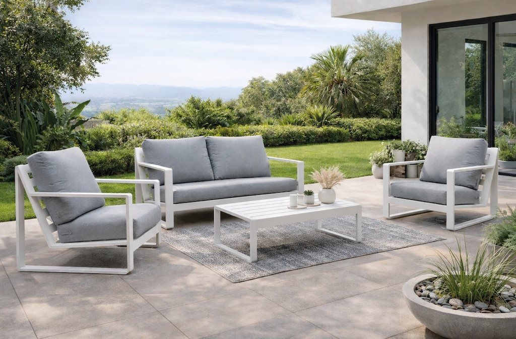Salon de jardin sofa - ALELI-7 LUX - Aluminium finition blanc - Coussins tissu Cloud gris clair - 4 à 5 places