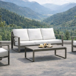 Salon de jardin sofa - ALELI-8 LUX - Aluminium finition anthracite - Coussins tissu Liso blanc - 4 à 6 places