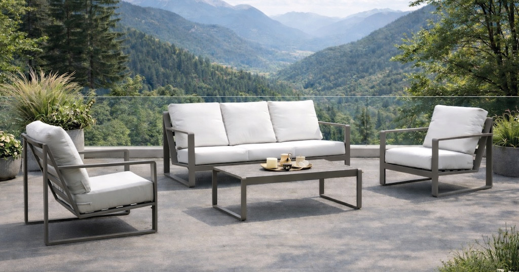 Salon de jardin sofa - ALELI-8 LUX - Aluminium finition anthracite - Coussins tissu Liso blanc - 4 à 6 places