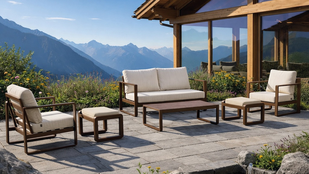 Salon de jardin sofa aluminium - DESIRA-7 LUX MESA120 - Marron - Coussins Marfil beige - 4 à 5 places