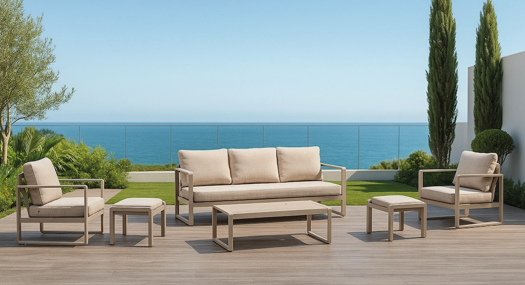 Salon de jardin sofa aluminium - DESIRA-8 LUX - Finition Nude - Coussins Rosini beige foncé - 4 à 6 places