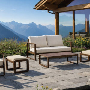 Salon de jardin sofa aluminium - DESIRA-9 LUX MESA120 - Finition marron - Coussins Marfil beige - 4 Ã 7 places