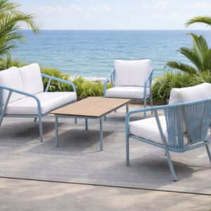 Salon de jardin sofa aluminium et corde - MELBOURNE-7 LUX - Finition azul avec corde azul et plateau HPL Maderma - Coussins Liso