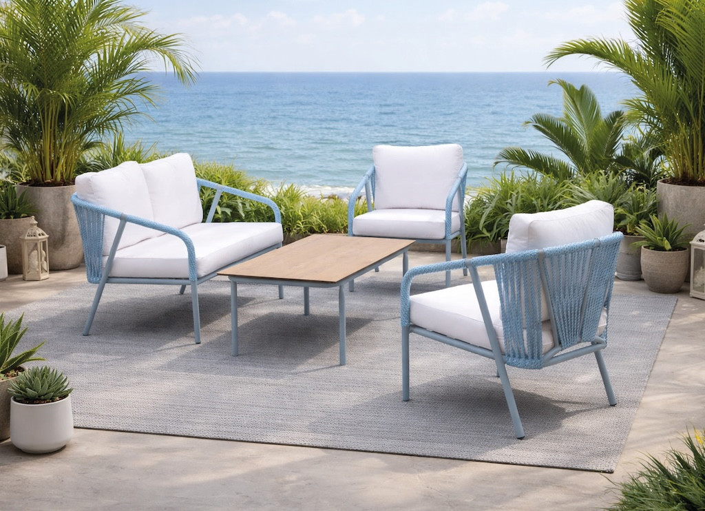 Salon de jardin sofa aluminium et corde - MELBOURNE-7 LUX - Finition azul avec corde azul et plateau HPL Maderma - Coussins Liso