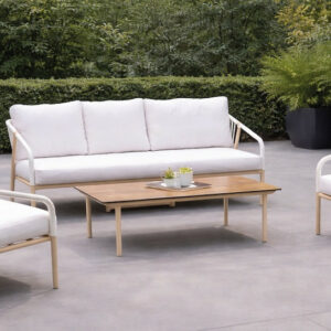 Salon de jardin sofa aluminium et corde - MELBOURNE-8 LUX - Finition mélocoton avec corde blanche et plateau HPL Maderma - Couss