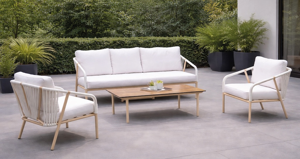 Salon de jardin sofa aluminium et corde - MELBOURNE-8 LUX - Finition mélocoton avec corde blanche et plateau HPL Maderma - Couss