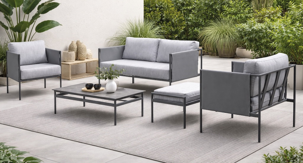 Salon de jardin sofa aluminium - LUBLIAN-7+1 LUX - Finition anthracite avec plateau HPL Argenta - Coussins Cloud gris clair - 4