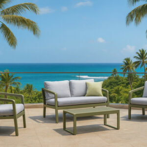 Salon de jardin sofa aluminium - PORTOFINO-7 LUX - Finition verte - Coussins Cloud gris clair - 4 Ã 5 places
