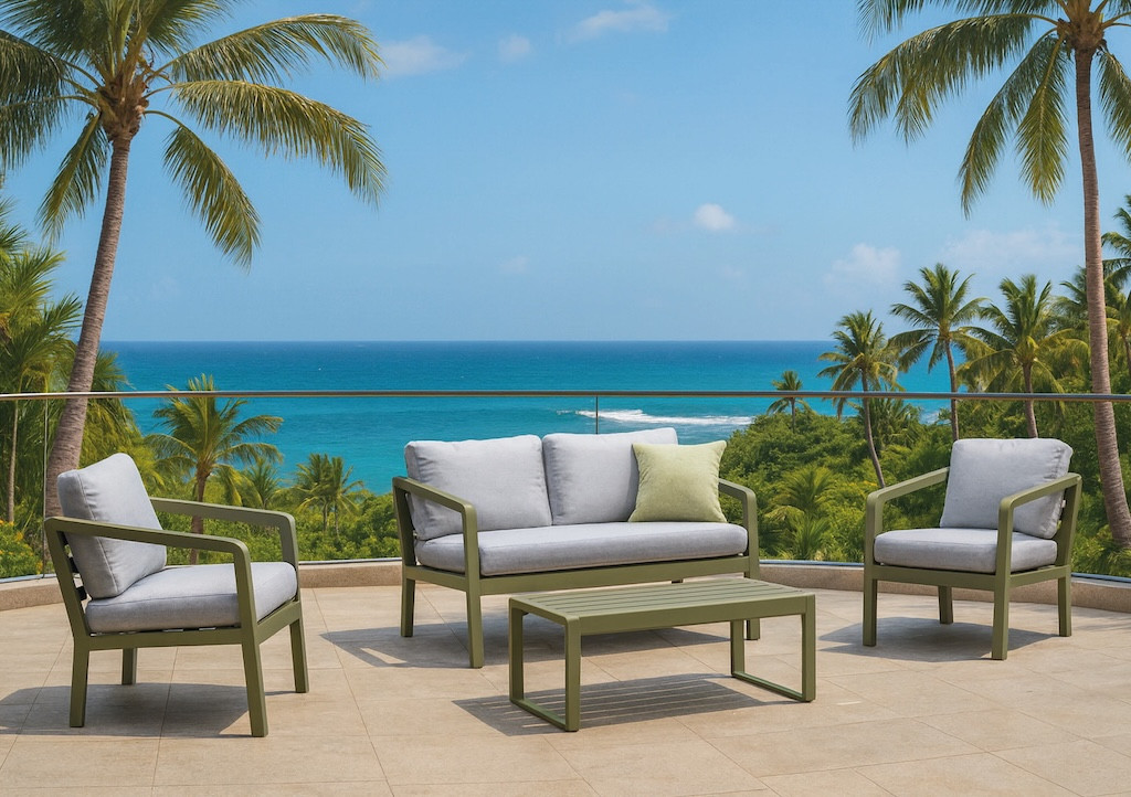 Salon de jardin sofa aluminium - PORTOFINO-7 LUX - Finition verte - Coussins Cloud gris clair - 4 à 5 places