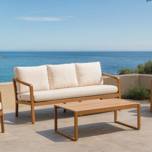 Salon de jardin sofa aluminium - PORTOFINO-8 LUX - Finition marron tropical - Coussins Liso blanc - 4 Ã 6 places