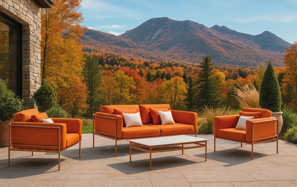 Salon de jardin sofa - ANDROS-7 COUSSIN LUX - Aluminium finition madera tropical - Coussins tissu terracota - 4 à 5 places