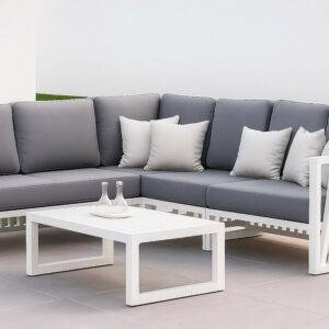 Salon de jardin Sofa Corner - ABIGEIL-28 SET RINCONERA LUX - Aluminium blanc - Coussins tissu Madelem gris foncé - 4 à 6 places
