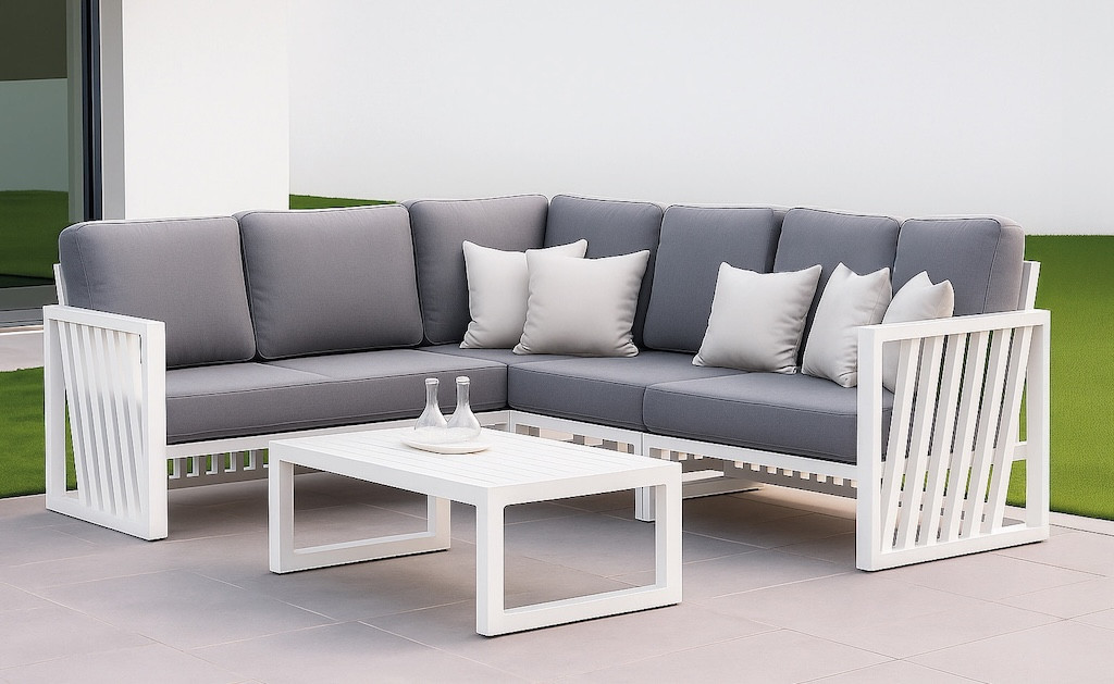 Salon de jardin Sofa Corner - ABIGEIL-28 SET RINCONERA LUX - Aluminium blanc - Coussins tissu Madelem gris foncé - 4 à 6 places