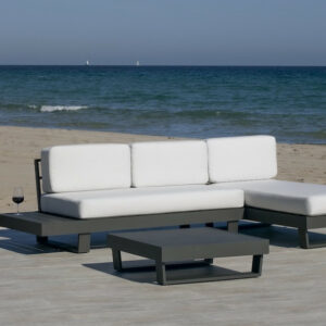 Salon de jardin Sofa Corner avec méridienne - MENFIS-99 LUX - Aluminium anthracite - Coussins tissu Liso blanc - 4 à 6 places