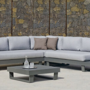 Salon de jardin Sofa Corner - MENFIS-7 LUX - Aluminium anthracite - Coussins tissu Cloud gris clair - 4 à 6 places