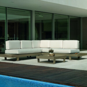 Salon de jardin Sofa Corner - MENFIS-7 LUX - Aluminium champagne - Coussins tissu Liso blanc - 4 à 6 places