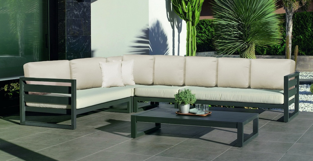 Salon de jardin sofa d’angle aluminium - COSMOS-29 RINCONERA LUX - Finition anthracite - Coussins Marfil beige - 4 à 8 places