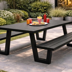 Table et bancs de jardin YULIEN - Aluminium finition anthracite - 6 à 8 places