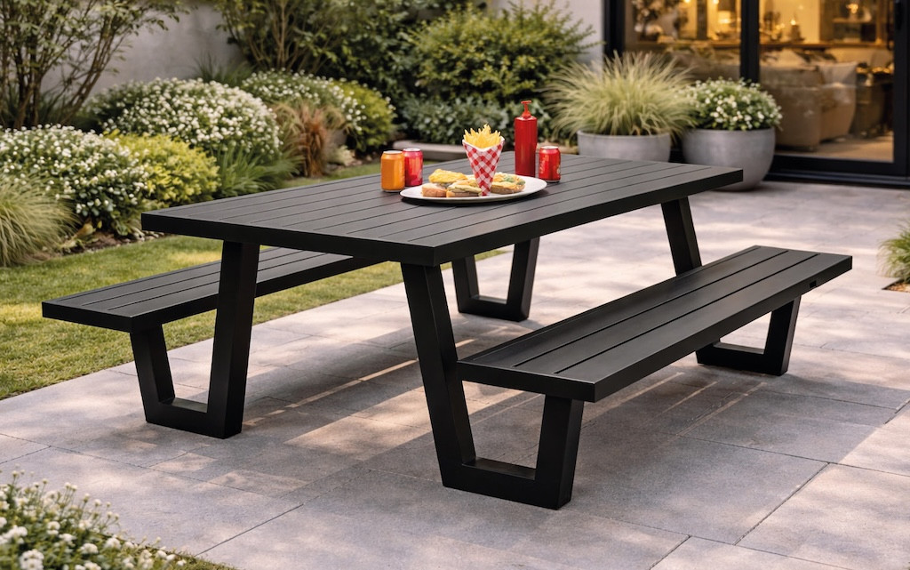 Table et bancs de jardin YULIEN - Aluminium finition anthracite - 6 à 8 places