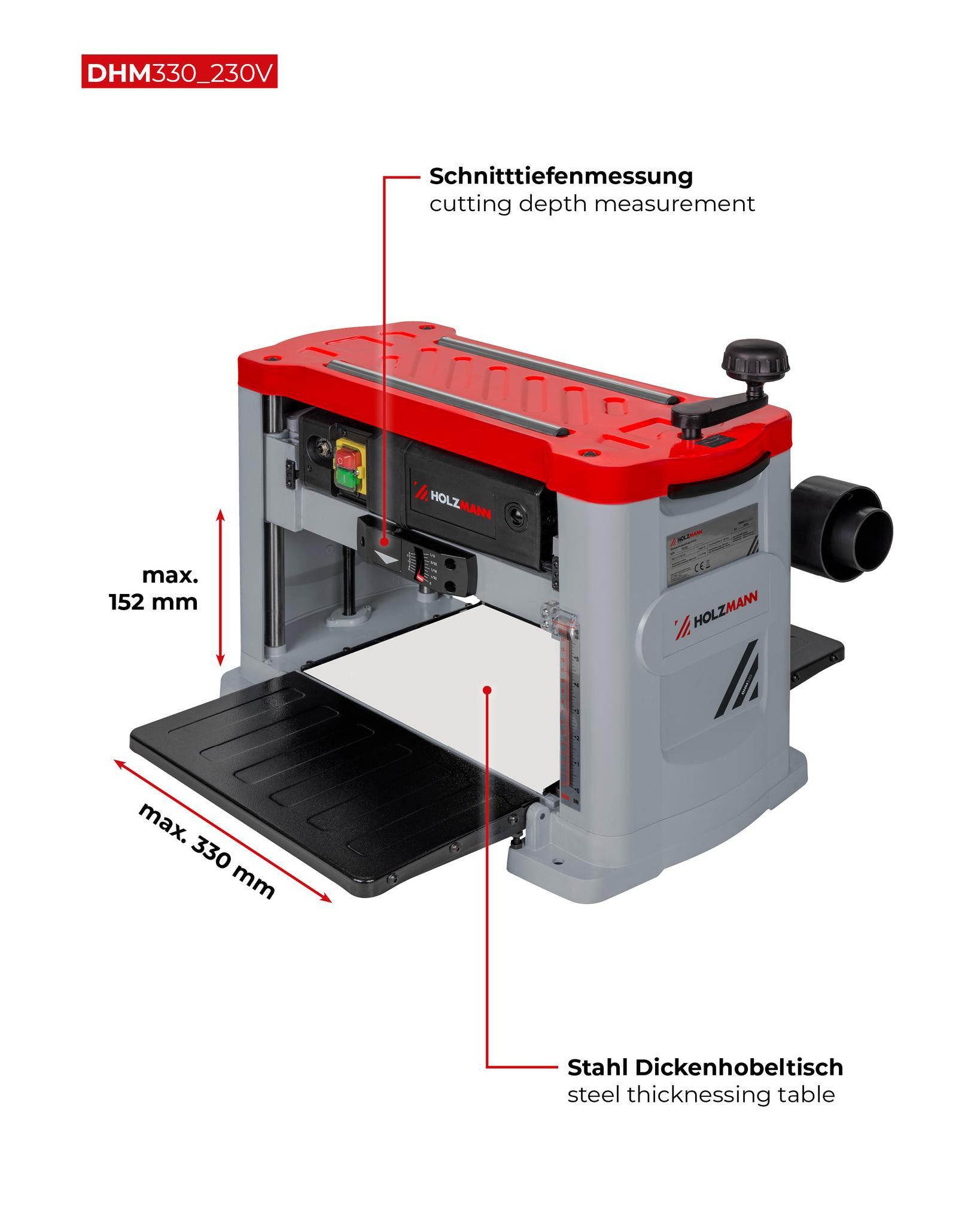 Raboteuse stationnaire - DHM330_230V - 330 mm - Table acier - 1500 W - Lames réversibles - 230 V