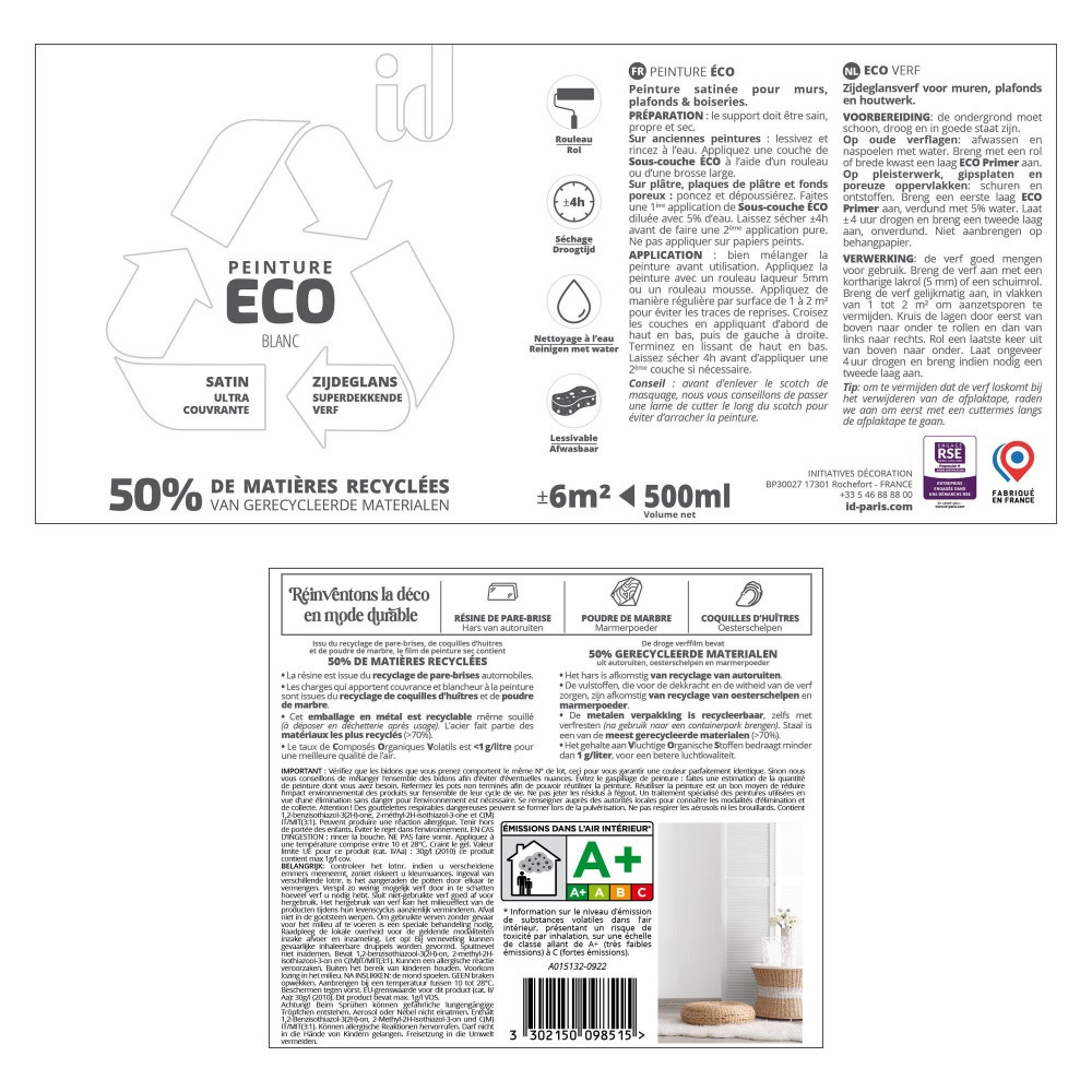 Peinture blanc mur / plafond ID Eco satiné 0.5 l