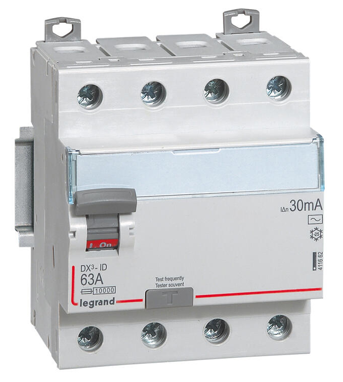 Interrupteur différentiel DX³-ID arrivée haute et départ bas à vis 4P 400 V type AC 4 modules 30 mA 63 A LEGRAND 411662