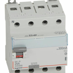 Interrupteur différentiel DX³-ID arrivée haute et départ bas à vis 4P 400 V type AC 4 modules 300 mA 25 A LEGRAND 411664