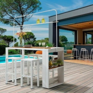 Ensemble table de bar - Hawaï - avec 4 tabourets et étagères - blanc et décor bois