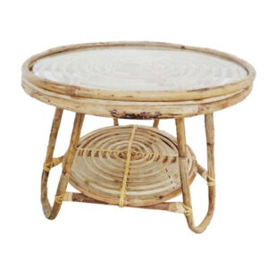 Table basse de jardin - Rinca - rotin naturel tressé - plateau verre - ronde - Ø64 x H.50 cm