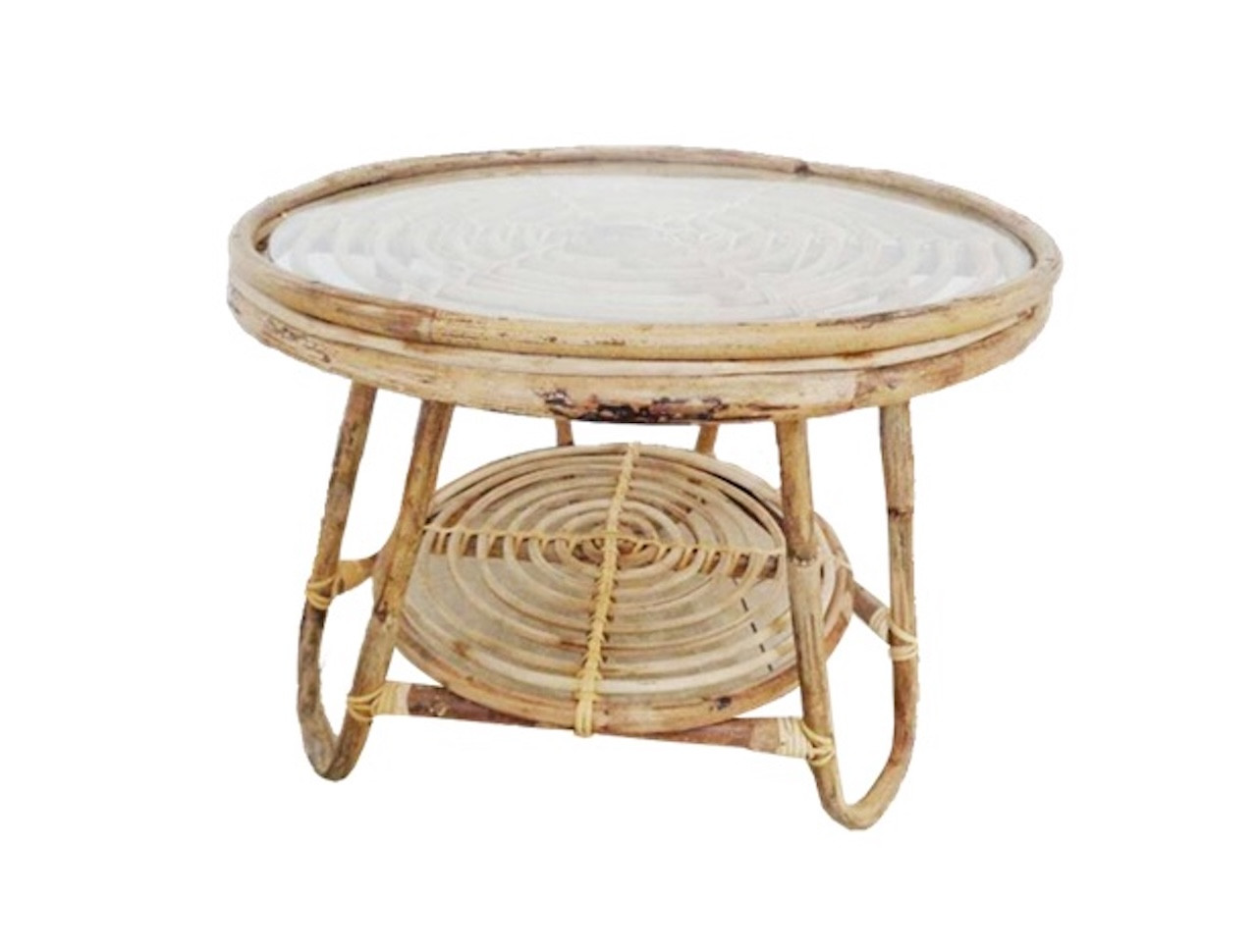 Table basse de jardin - Rinca - rotin naturel tressé - plateau verre - ronde - Ø64 x H.50 cm