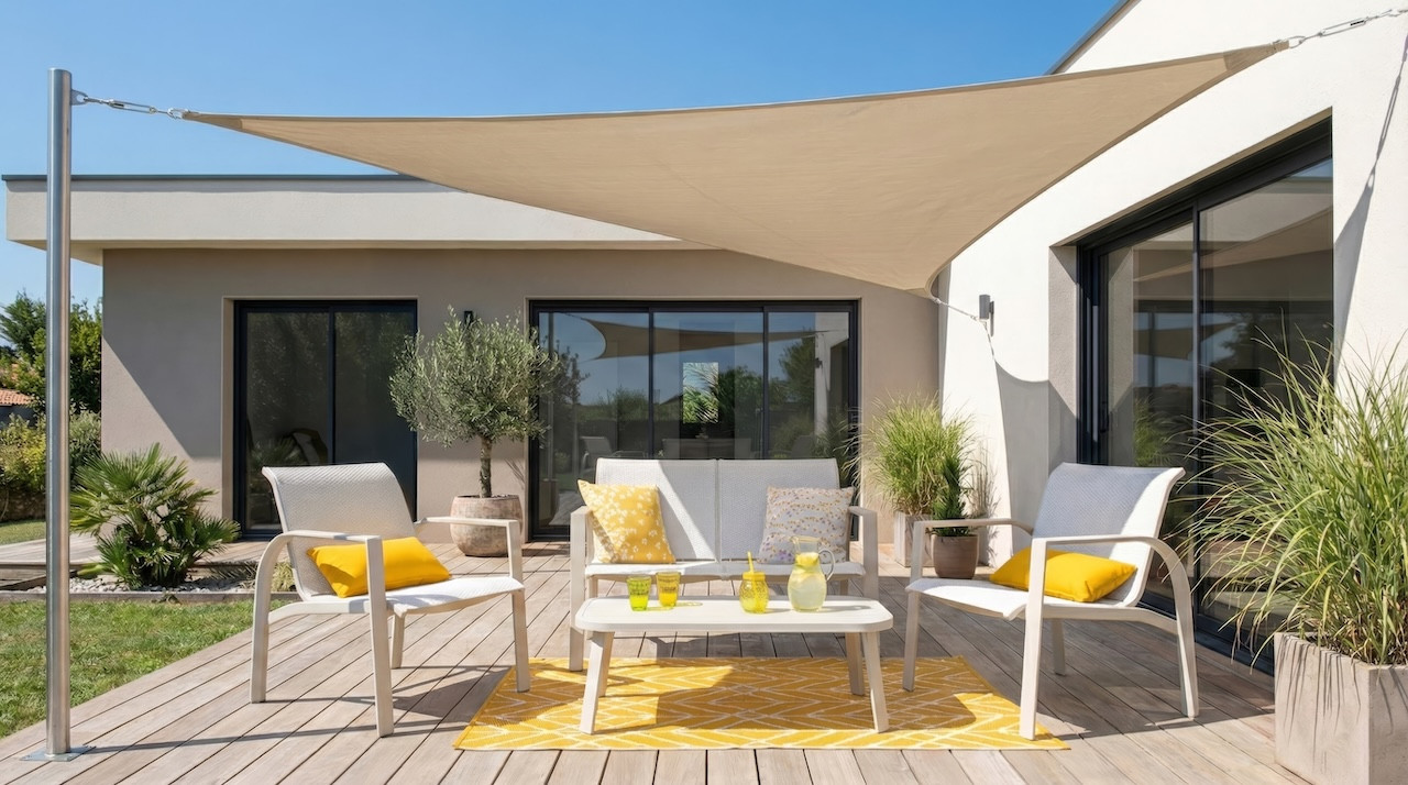 Voile d’ombrage triangulaire - Austral - 3,60 x 3,60 m - polyéthylène coloris sable protection UV 90 %