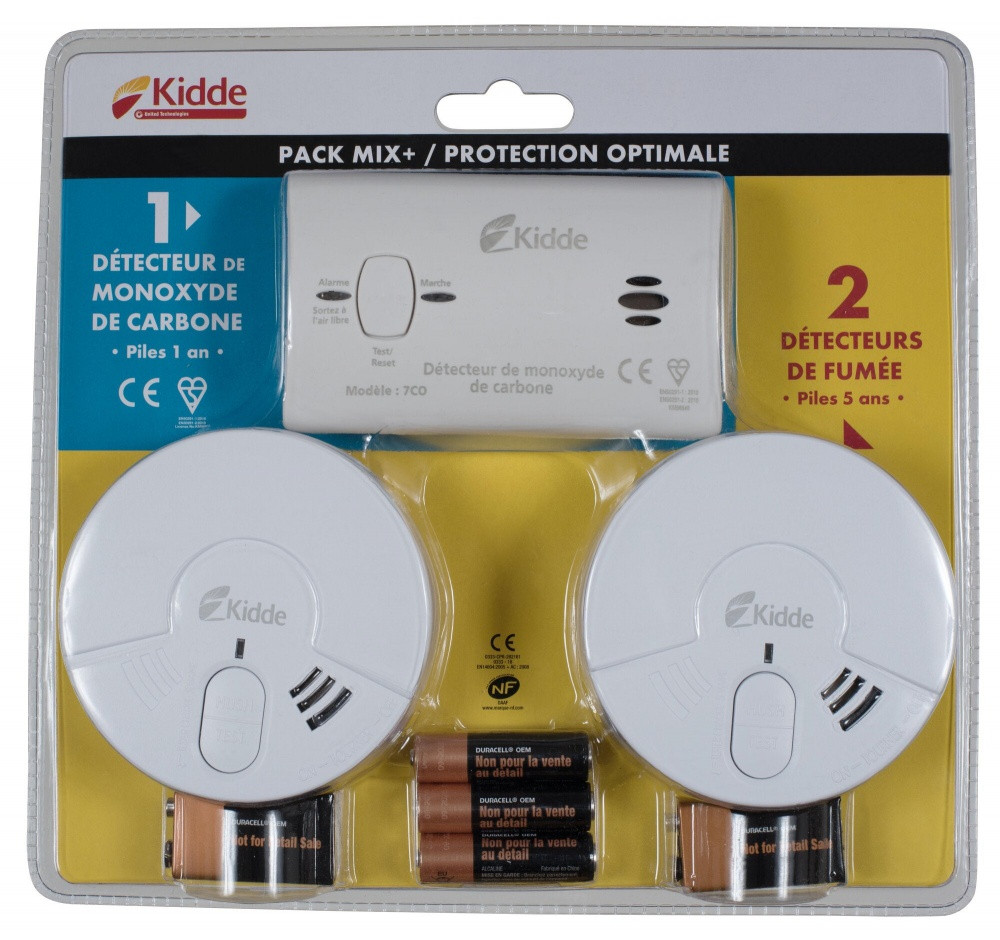 Détecteur de fumee x2 + 1 Détecteur de monoxyde pack kidde