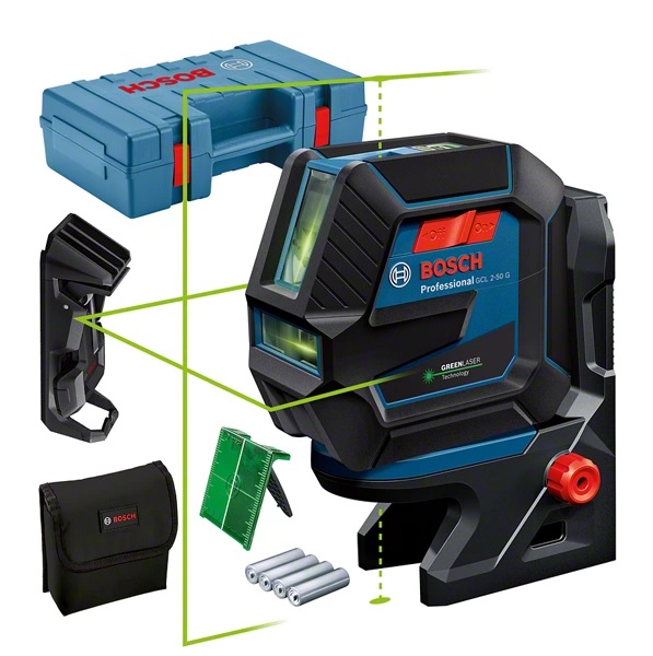 Laser points et lignes GCL 2-50 G + 4 piles 1,5 V LR6 (AA) + support rotatif RM 10 + pince de plafond DK 10 + coffret BOSCH 0601066M02