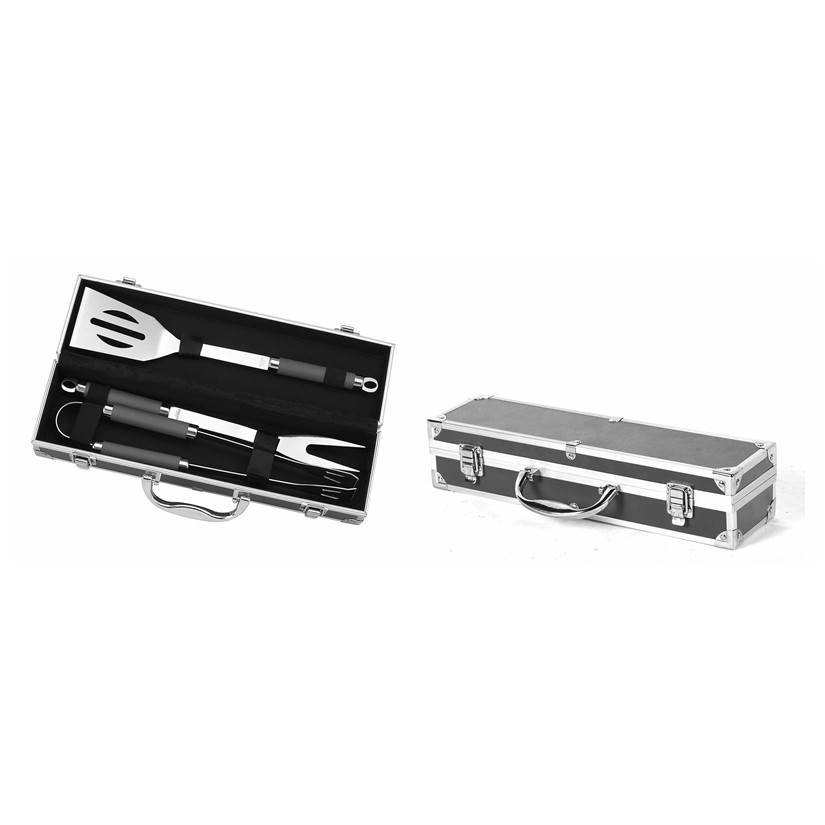 Mallette de 3 ustensiles en inox pour barbecue (pince, spatule et fourchette) - Gris